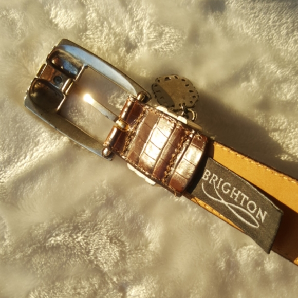 BRIGHTON ♡ Gorgeous Vintage Gold \'n Silver Design w/Charm Brown Leather Belt S